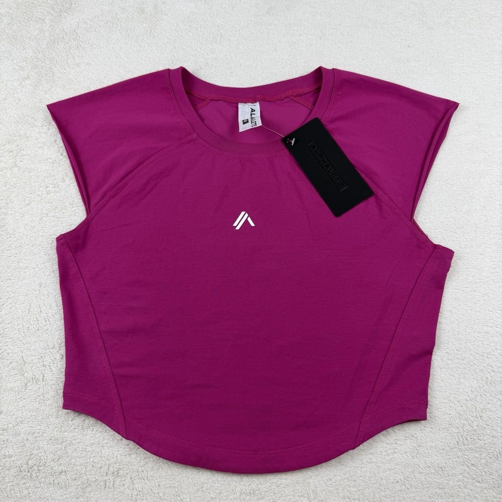 Alphalete Velocity Women's M‎ Cropped Workout Top Pink Gym Athletic Tee Raw Hem